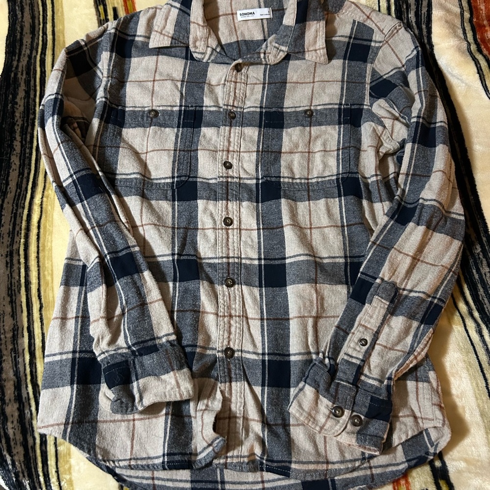 Sonoma Navy, Beige and Brown Plaid Button-Front Shirt